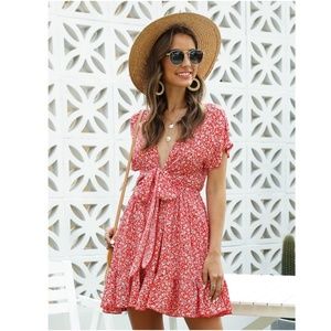 Deep V Tie Front Ditsy Floral Flared Mini Dress